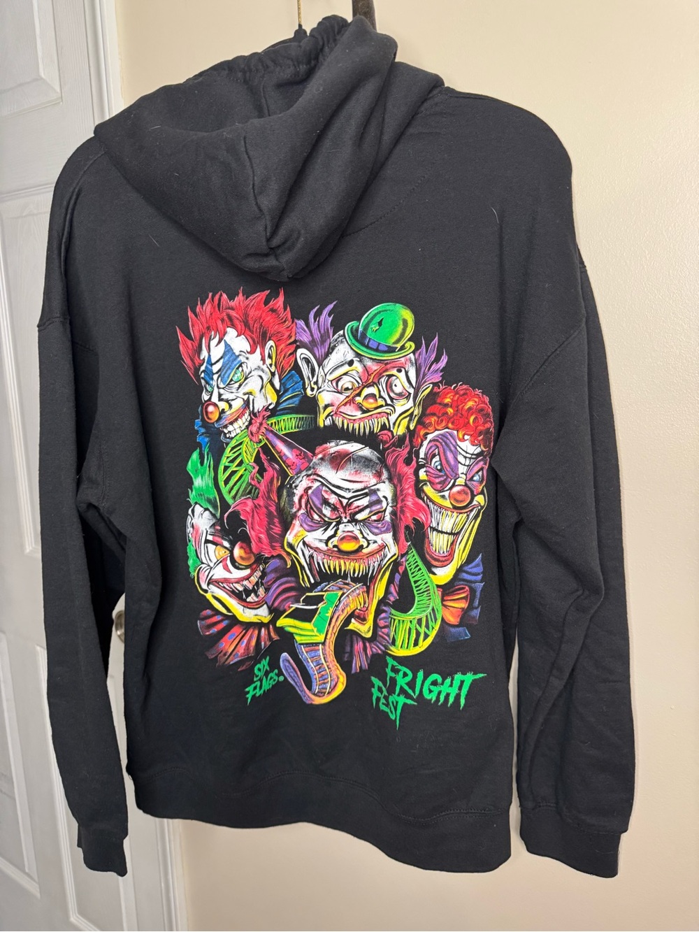 Six Flags Fright Fest Neon Scary Clown Graphic Hoodie - Black